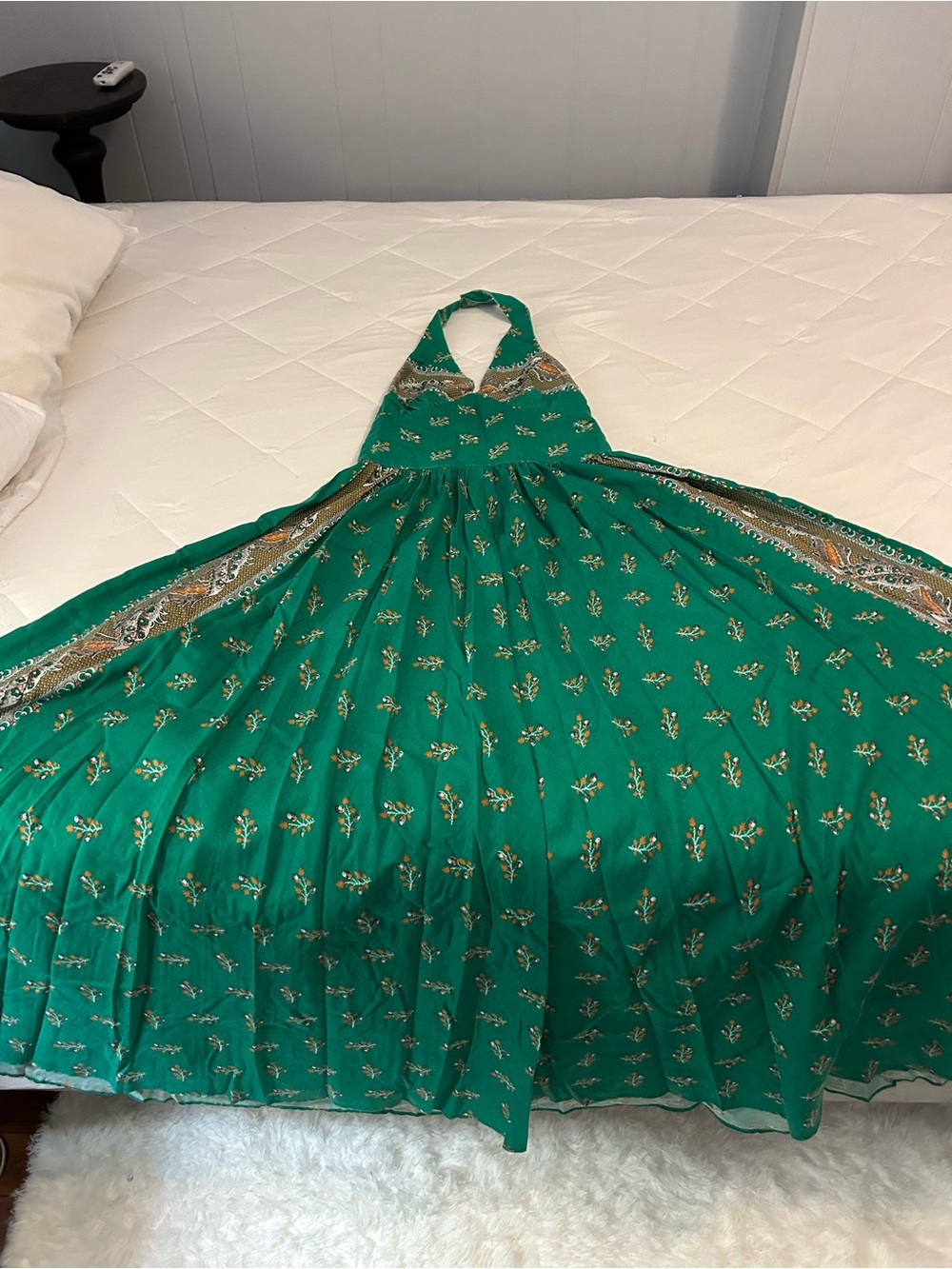 Vintage maxi/midi halter dress with acorn and leaf print